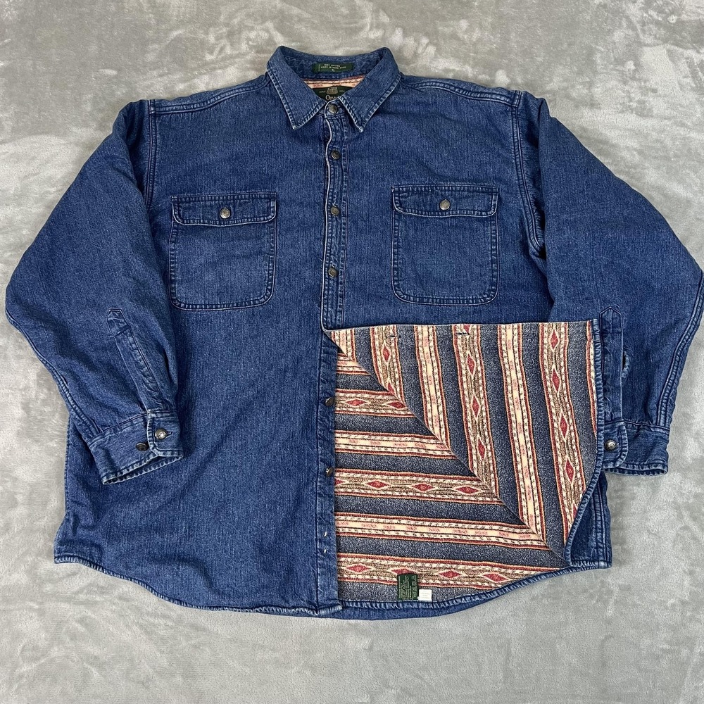 Vintage Orvis Jacket Mens XL Blue Denim Aztec Lined Southwestern Hong Kong 90s